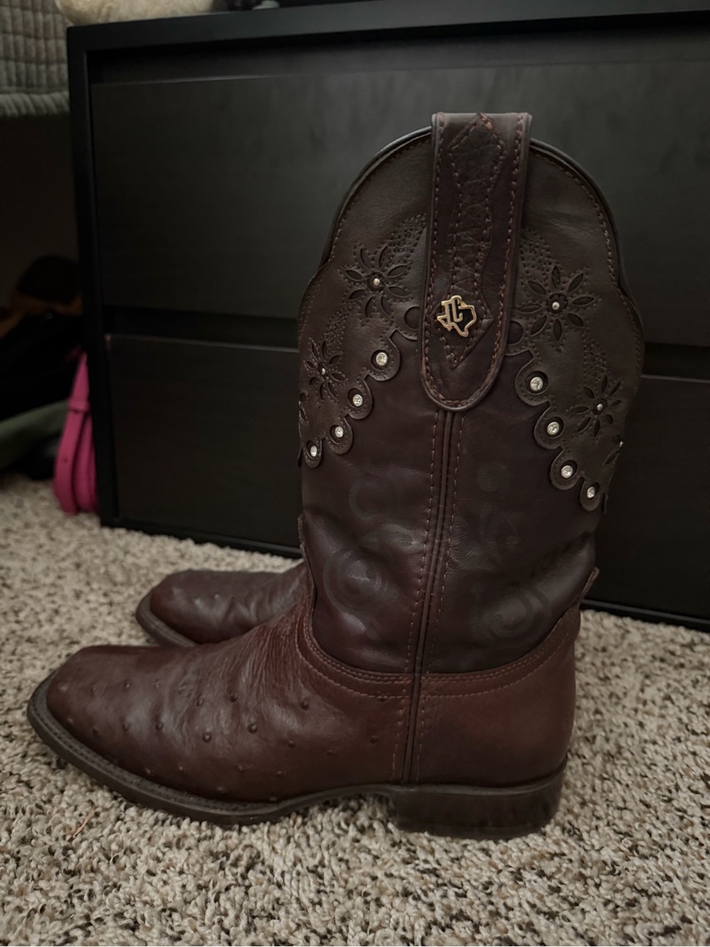 Women's Brown Embossed Leather Western Heel Boots Size 9